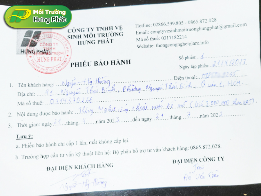 Bảo hành hút hầm cầu Hưng Phát