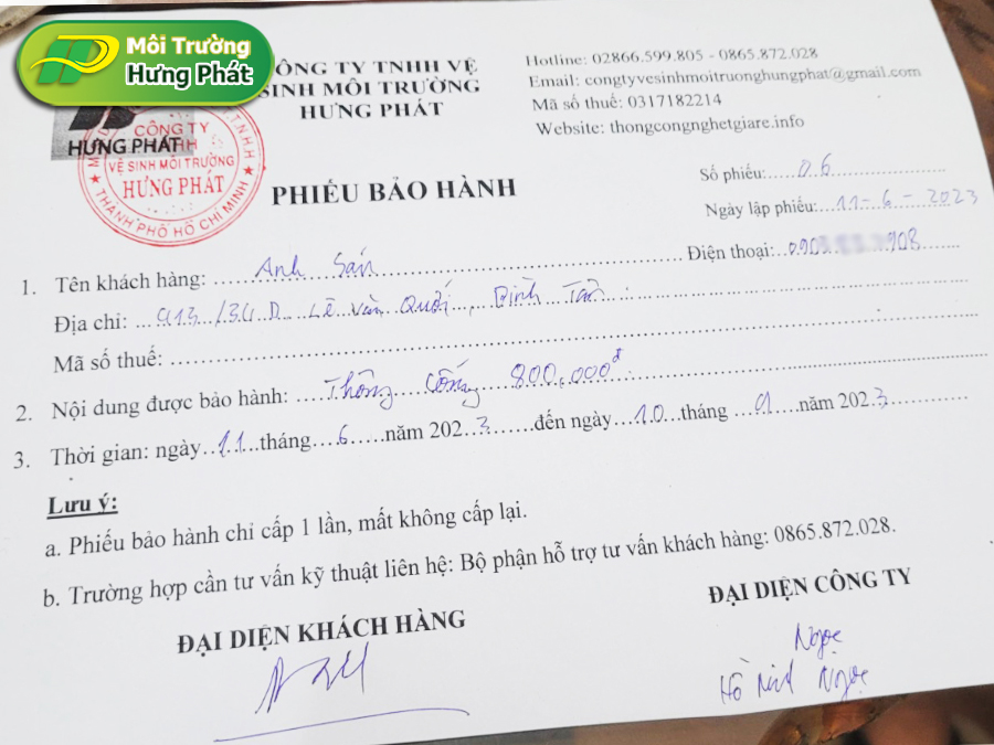 Thông cống nghẹt Quận Bình Tân mang đến bảo hành dịch vụ