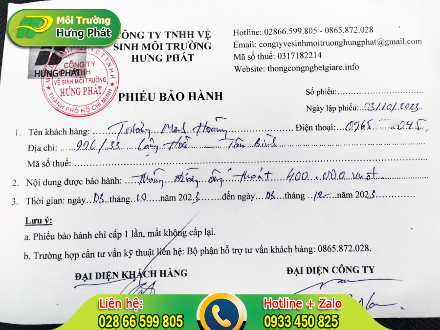 Bảo hành hút hầm cầu hưng phát